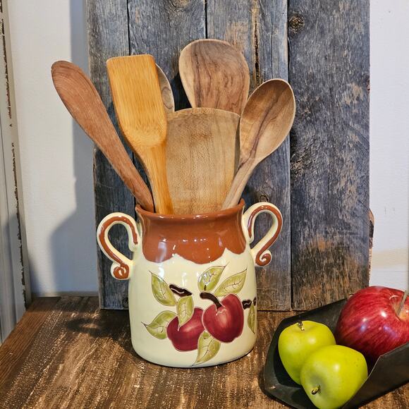 Rustic Apple Design Stoneware Crock - Vintage Ceramic Utensil Jar with Handles - Picture 2 of 10